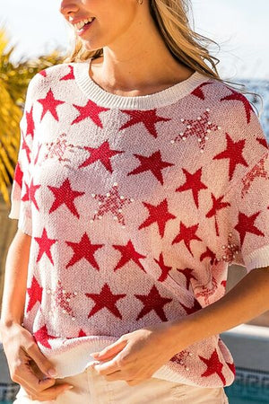 BiBi Star Pattern Round Neck Short Sleeve Knit Top - SaltTree