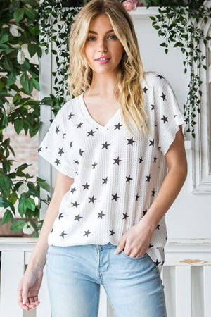 Heimish Full Size Star Print Short Sleeve V-Neck Waffle Knit T-Shirt - SaltTree