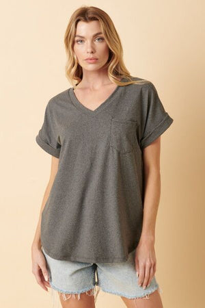 Mittoshop Full Size V-Neck Rolled Short Sleeve T-Shirt - SaltTree