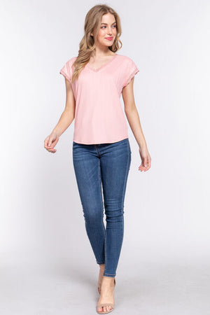 ACTIVE BASIC Lace Trim V-Neck Short Sleeve Ribbed Top - SaltTree
