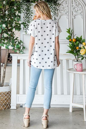 Heimish Full Size Star Print Short Sleeve V-Neck Waffle Knit T-Shirt - SaltTree