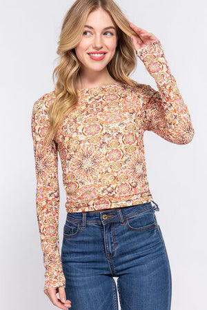 ACTIVE BASIC Ruched Printed Long Sleeve Top - SaltTree