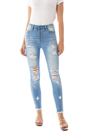 Kancan - Women's High Rise Button Fly Distressed Super Skinny Jeans - kc7310 - SaltTree