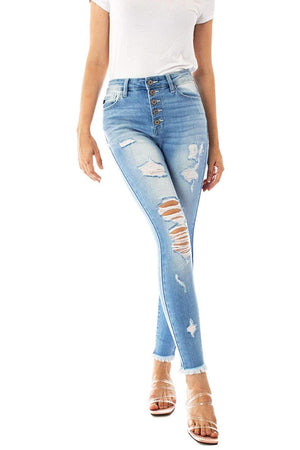 Kancan - Women's High Rise Button Fly Distressed Super Skinny Jeans - kc7310 with kc6192 ST - SaltTree