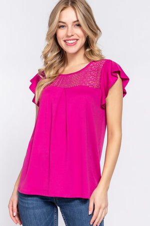 ACTIVE BASIC Ruffle Short Sleeve Lace Detail Knit Top - SaltTree