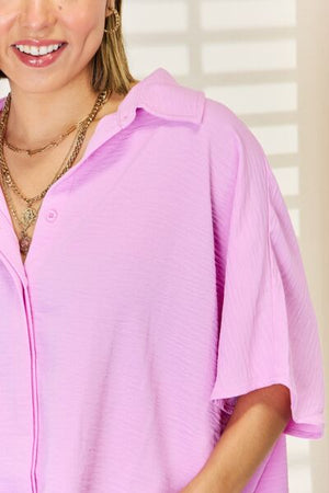 Zenana Texture Button Up Short Sleeve High-Low Shirt - SaltTree