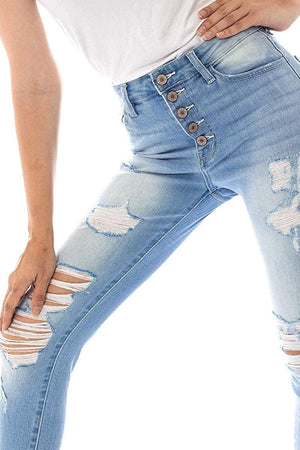 Kancan - Women's High Rise Button Fly Distressed Super Skinny Jeans - kc7310 with kc6192 ST - SaltTree