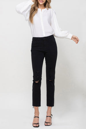 Flying Monkey - Lani Medium- High Rise Clean Cut & Fray Hem Detail Crop Straight Jeans - Y3118BK - SaltTree