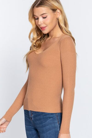 ACTIVE BASIC V-Neck Fitted Viscose Rib Knit Top - SaltTree