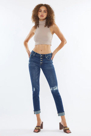 Kancan - Women's Mid Rise Patched Folded Hem Slim Straight - KC8599 - SaltTree