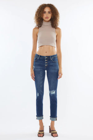 Kancan - USA Women's Dark Wash Five Pocket Button Fly Mid Rise Denim - KC8599 - SaltTree