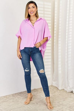 Zenana Texture Button Up Short Sleeve High-Low Shirt - SaltTree