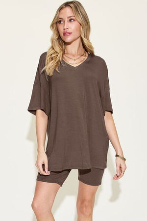 Basic Bae Full Size V-Neck Drop Shoulder Short Sleeve T-Shirt and Shorts Set - SaltTree