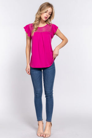 ACTIVE BASIC Ruffle Short Sleeve Lace Detail Knit Top - SaltTree