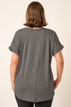 Mittoshop Full Size V-Neck Rolled Short Sleeve T-Shirt - SaltTree