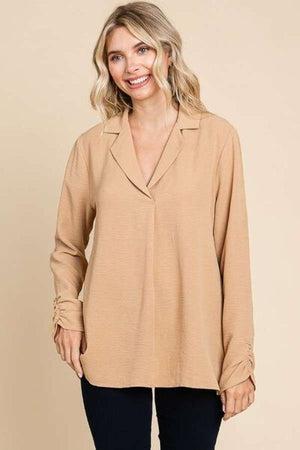 Culture Code Full Size Lapel Collar Ruched Long Sleeve Blouse - SaltTree