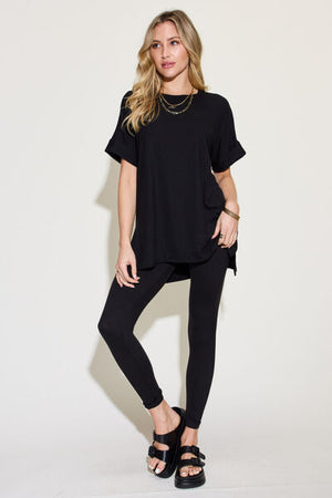 Zenana Plus Size Short Sleeve Slit T-Shirt and Leggings Lounge Set - SaltTree