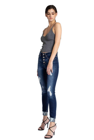 Kancan USA Women's Stretchy Five Pocket Distressed High Waist Jeans-SaltTree