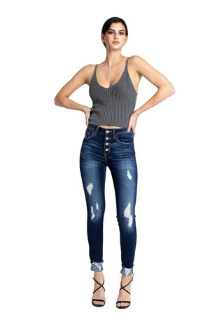 Kancan USA Women's Stretchy Five Pocket Distressed High Waist Jeans-SaltTree
