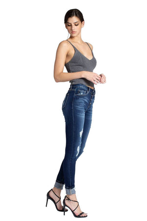 Kancan USA Women's Stretchy Five Pocket Distressed High Waist Jeans-SaltTree