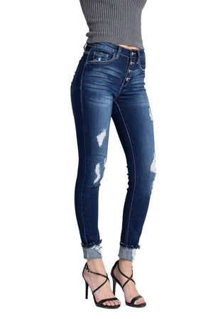 Kancan USA Women's Stretchy Five Pocket Distressed High Waist Jeans-SaltTree