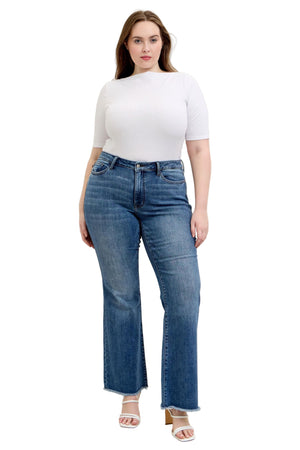 Judy Blue - Mid Rise Vintage Wash Fray Hem Flare Jeans - 82670