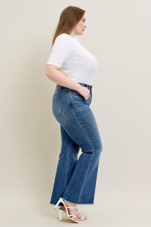 Judy Blue - Mid Rise Vintage Wash Fray Hem Flare Jeans - 82670