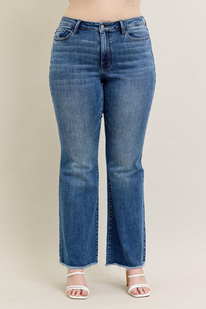 Judy Blue - Mid Rise Vintage Wash Fray Hem Flare Jeans - 82670