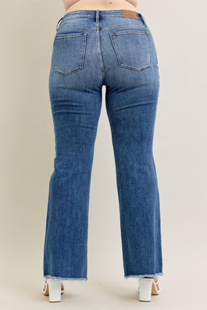 Judy Blue - Mid Rise Vintage Wash Fray Hem Flare Jeans - 82670