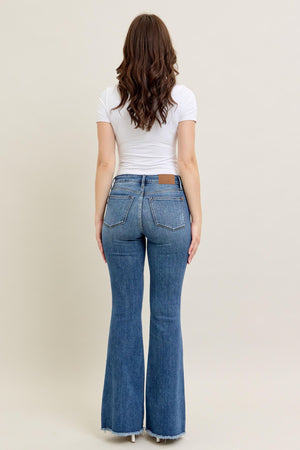 Judy Blue - Mid Rise Vintage Wash Fray Hem Flare Jeans - 82670