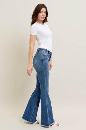 Judy Blue - Mid Rise Vintage Wash Fray Hem Flare Jeans - 82670