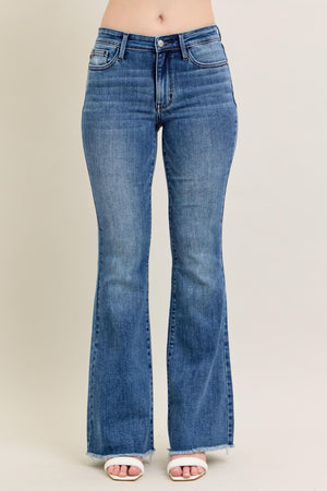 Judy Blue - Mid Rise Vintage Wash Fray Hem Flare Jeans - 82670