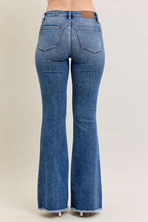 Judy Blue - Mid Rise Vintage Wash Fray Hem Flare Jeans - 82670