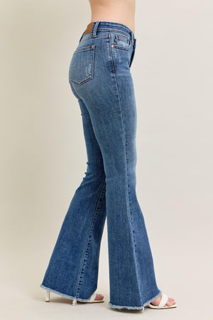 Judy Blue - Mid Rise Vintage Wash Fray Hem Flare Jeans - 82670