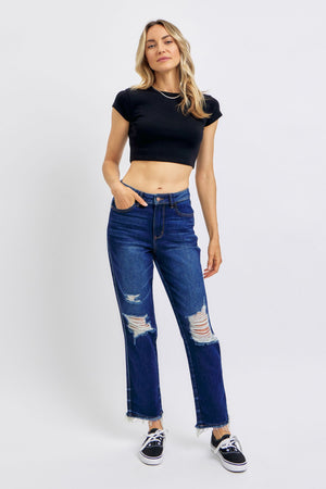 Judy Blue Full Size High Waist Rigid Magic Heavy Destroy Straight Jeans - 88819TD