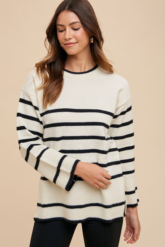 Annie Wear Side Slit Striped Round Neck Sweater - SaltTree