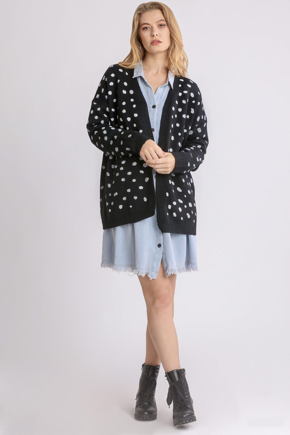 Umgee Polka Dot Open Front Drop Shoulder Cardigan - SaltTree