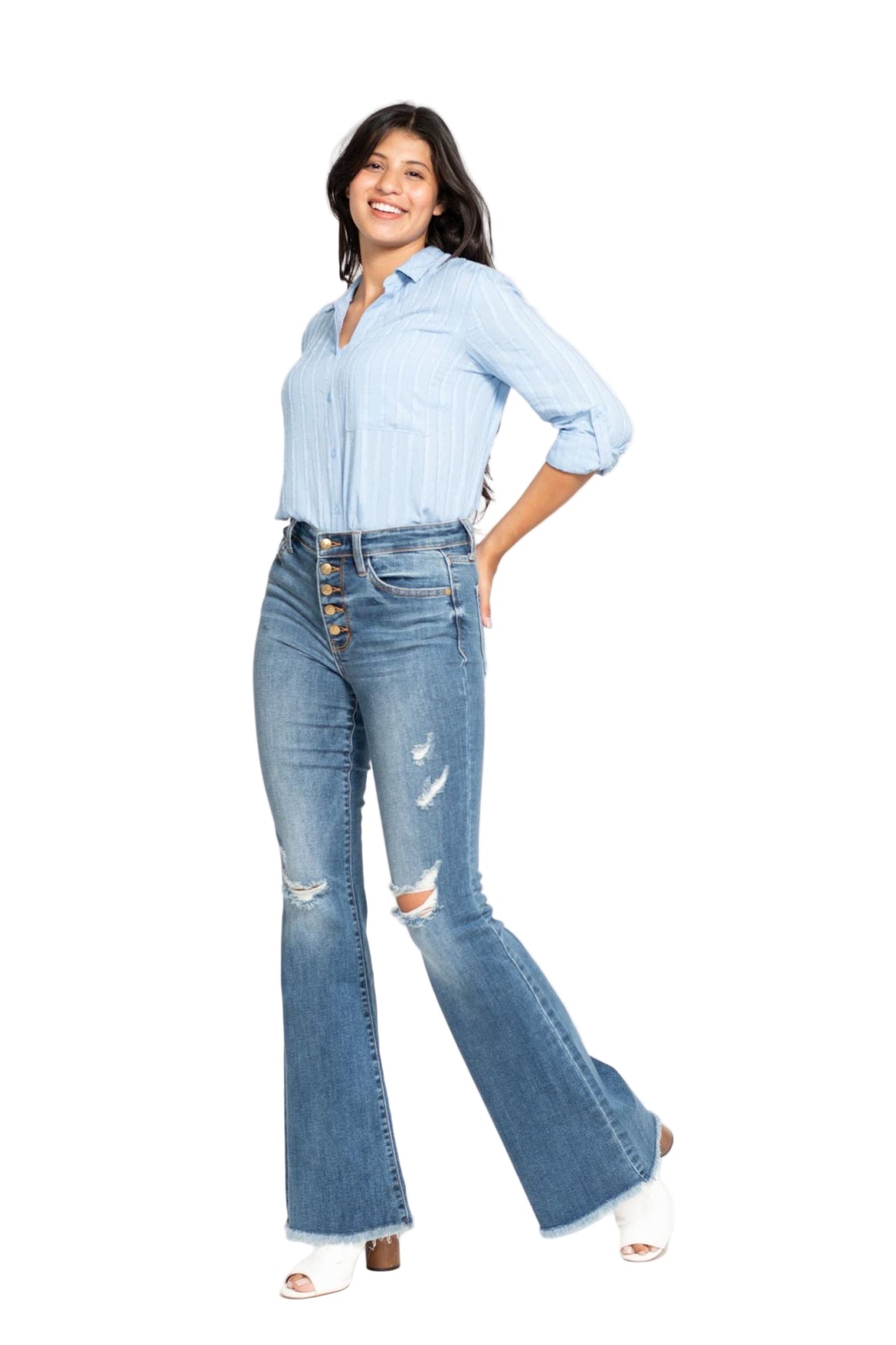 Judy Blue - Indie Mid Rise Flare Jeans - Buttoned Up and Ready to Flaunt - 82638 - SaltTree