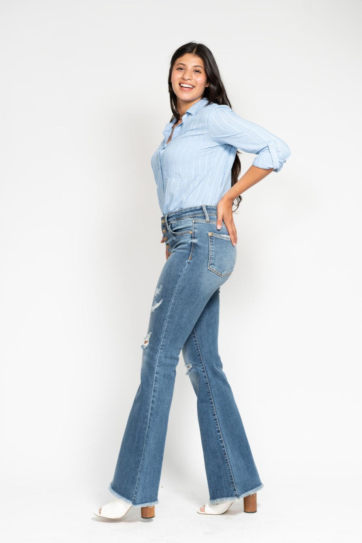Judy Blue - Indie Mid Rise Flare Jeans - Buttoned Up and Ready to Flaunt - 82638 - SaltTree