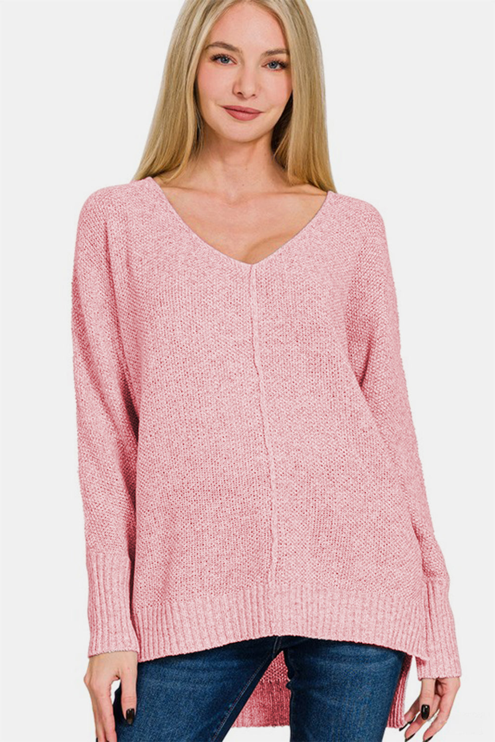 Zenana High-Low Center Seam V-Neck Sweater - SaltTree