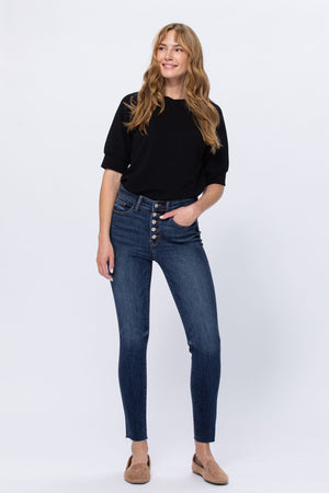 High Rise Button Fly Cut Off Skinny Jean - 82318