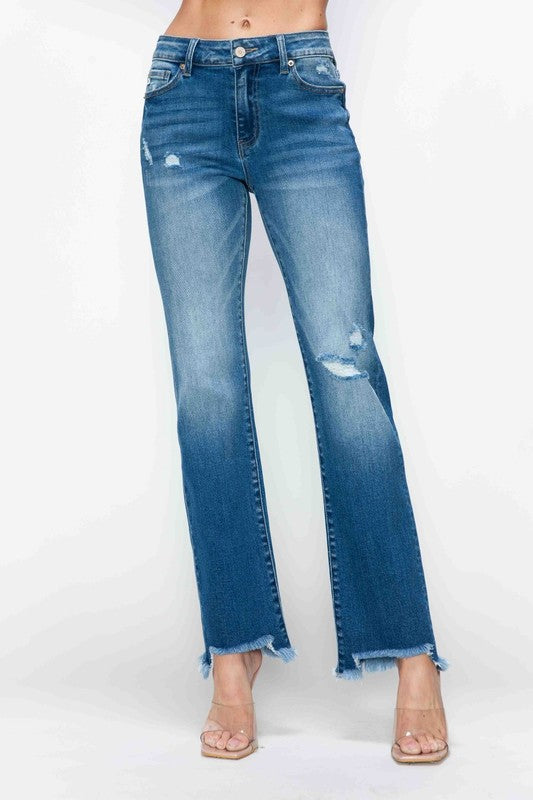 bytos Full Size Raw Hem Distressed Mid Rise Straight Jeans - SaltTree