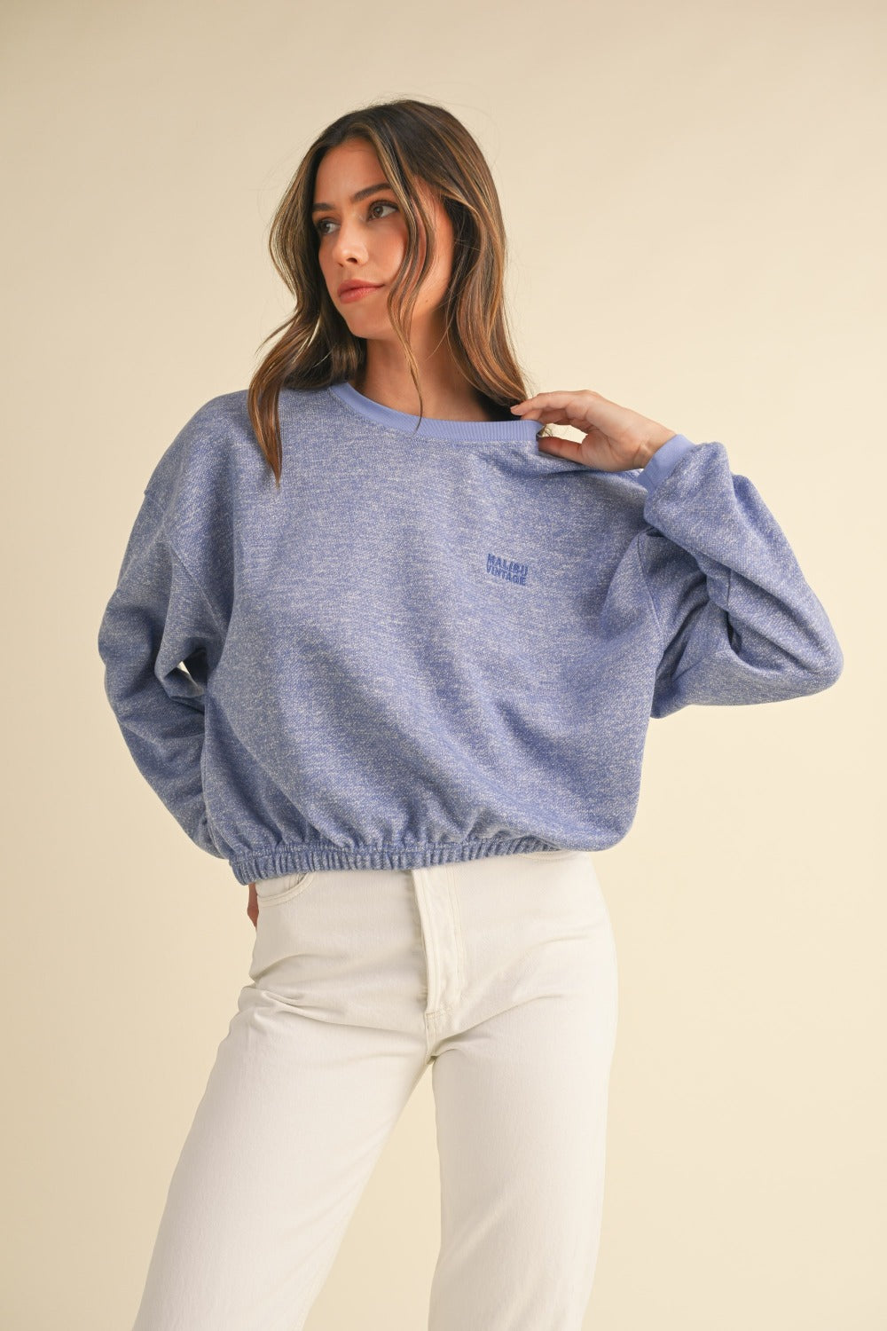 Mable Round Neck Letter Embroidery Crop Sweatshirt - SaltTree