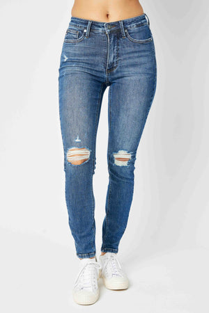 Judy Blue Full Size Mid Waist Distressed Slim Jeans - 88798TD