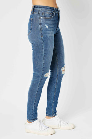 Judy Blue Full Size Mid Waist Distressed Slim Jeans - 88798TD