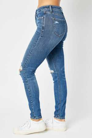 Judy Blue Full Size Mid Waist Distressed Slim Jeans - 88798TD