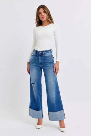 Judy Blue Full Size Distressed High Waist Wide Leg Jeans -82636TD