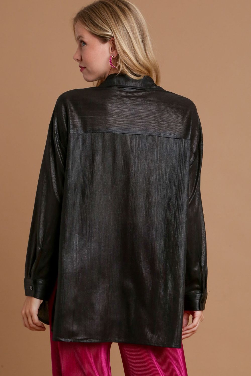 Umgee Side Slit Button Up Long Sleeve Shirt - SaltTree