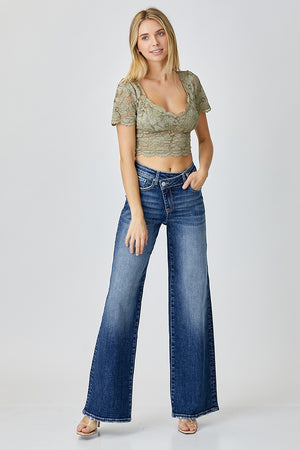Risen Jeans - Mid Rise Crossover Wide Leg Jeans - RDP5281 - SaltTree