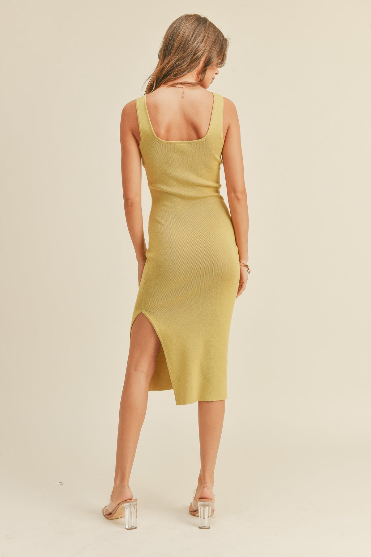 Miou Muse - Square Neck Knit Fitted Slit Dress - MMD441 | SaltTree